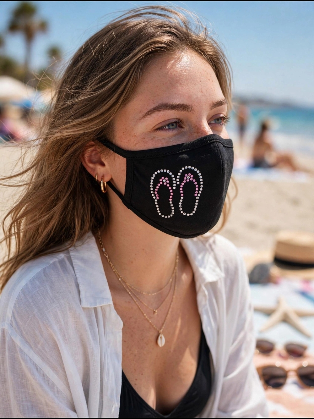 Black Face Mask with Pink Rhinestone Flip-Flop Design